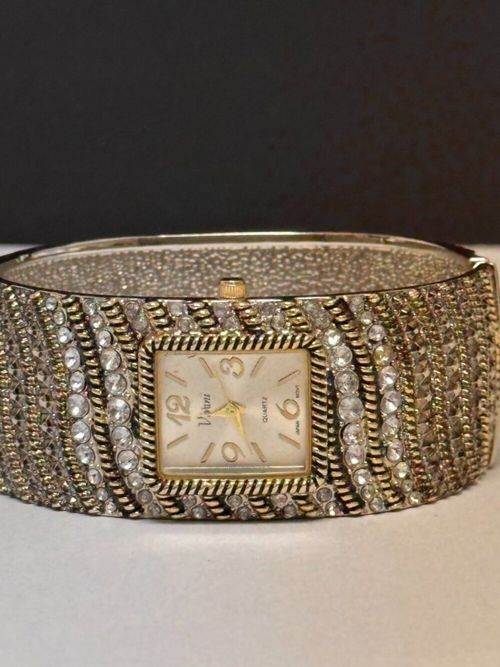 Vivani Watch Women Silver Gold Two Tone Rhinestones Wide Bangle New Battery 7"